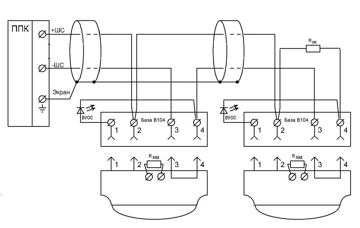 Схема подключения извещателей. Подключение к ППКП с постояннотоковым ШПС 